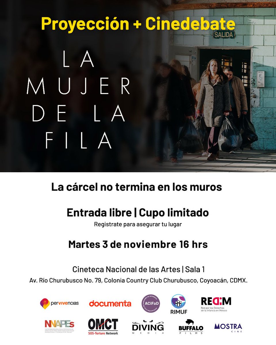 DocumentaAC's tweet photo. 🎬 Cinedebate: La mujer de la fila

Cuando alguien entra a prisión, su familia también empieza a hacer fila: para visitar, para llevar comida, para sostener el vínculo. 

📅 Martes 3 de noviembre
🕓 16:00 h
📍 Cineteca Nacional de las Artes

Registro: https://t.co/kiPj0KMAa4 https://t.co/ypZ6E01htH