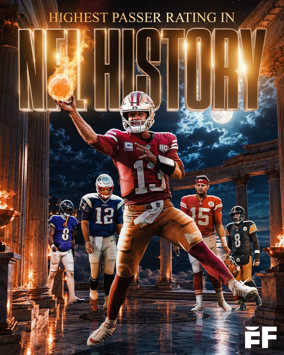 fballforeverhq's tweet photo. BREAKING: 49ers QB Brock Purdy now owns the HIGHEST passer rating in NFL HISTORY at 105.7 🎯

Purdy surpasses Lamar Jackson who previously held the record at 102.7. #FTTB https://t.co/BTek6EscXS