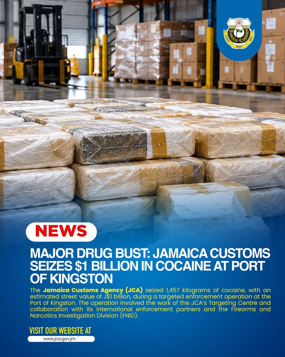 jamaicacustoms's tweet photo. The Jamaica Customs seized 1,457 kilograms of cocaine, with an estimated street value of J$1 billion, during a targeted enforcement operation at the Port of Kingston. The operation involved the work of the JCA’s Targeting Centre and the Jamaica Constabulary Force (JCF). https://t.co/bFUmWiNXAY