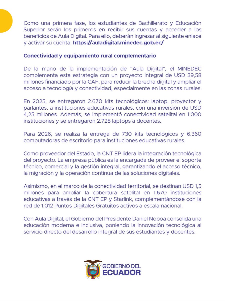 Educacion_Ec's tweet photo. 📰 [BOLETÍN] El Gobierno Nacional liderado por el presidente Daniel Noboa presenta #AulaDigitalEc, una estrategia ejecutada en alianza con Google for Education y CNT que transforma la educación pública en beneficio de más de 2,8 millones de estudiantes y 165.000 docentes, integrando herramientas tecnológicas e Inteligencia Artificial en un entorno seguro.

🔎 Más información ➡️ https://t.co/EGJ2hEuSjT 

#EducaciónConResultados