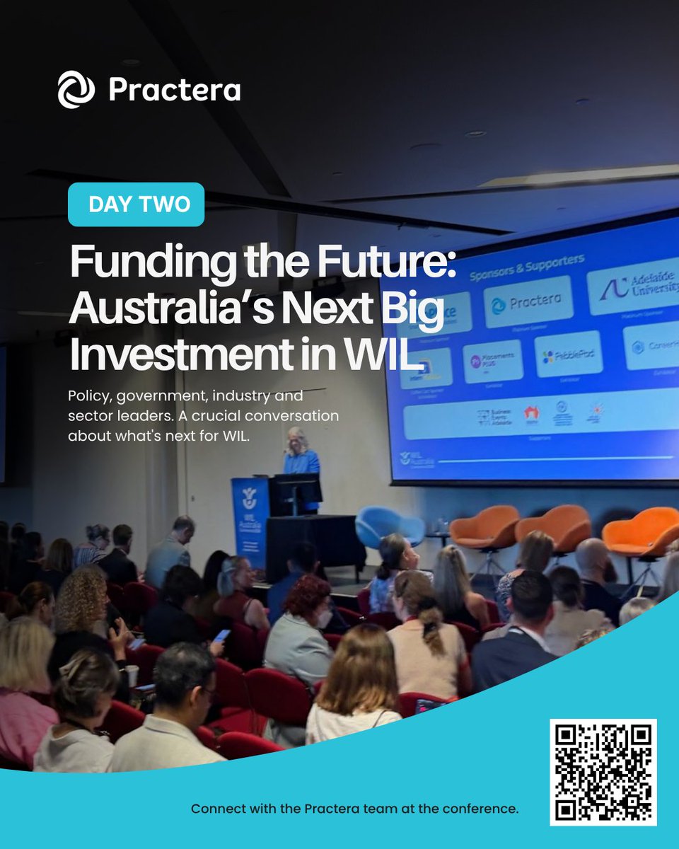 practera's tweet photo. Day two of WIL Australia 2026. Funding the Future panel is on today. Come find the Practera table and let’s talk about what sustainable WIL looks like for your institution. https://t.co/J3fzokJdoz