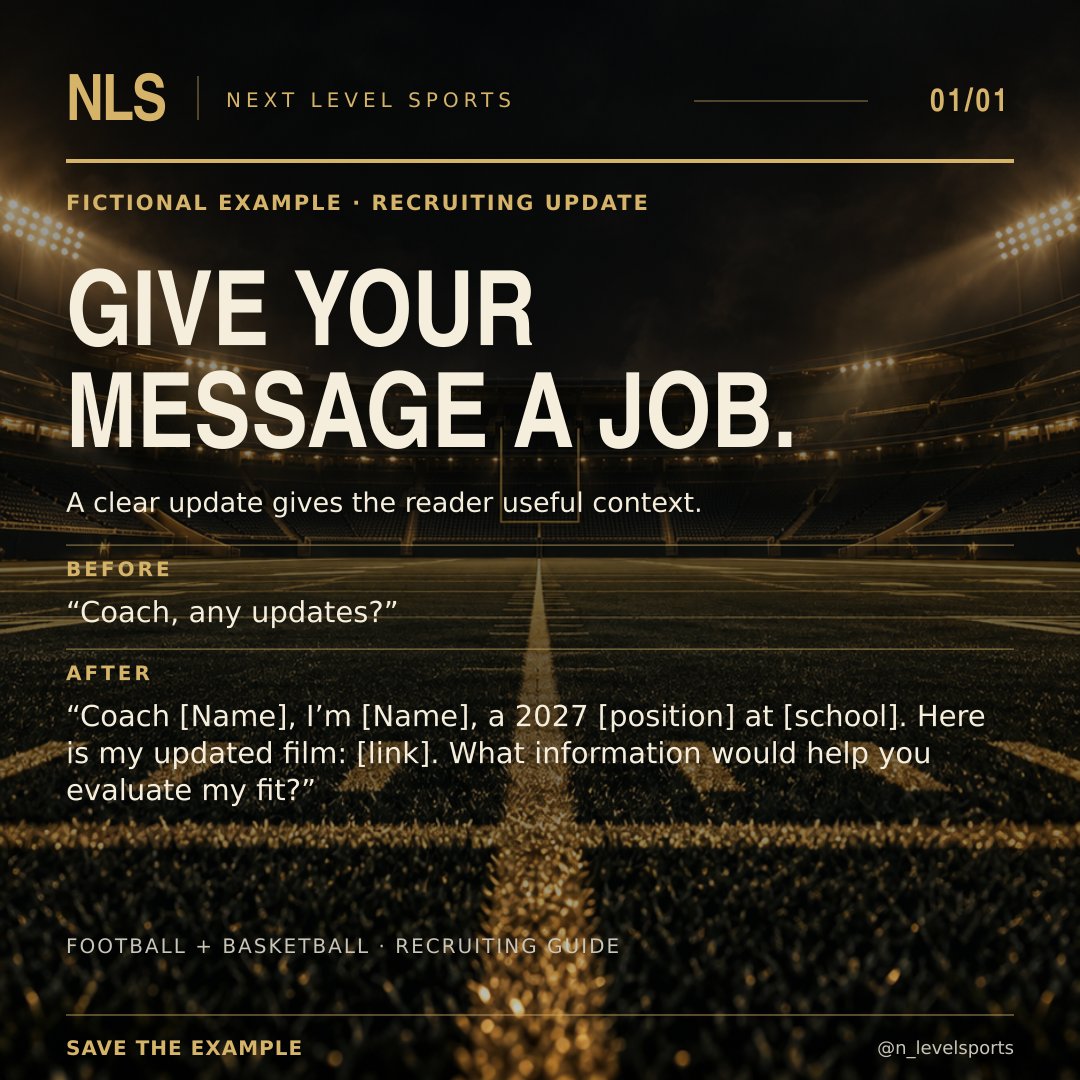 nlevelsports's tweet photo. Before sending a recruiting update, include the fact that changed, a working film link and one relevant question. The graphic is a fictional template; replace every bracket with accurate details. https://t.co/6sDBlDi9DD