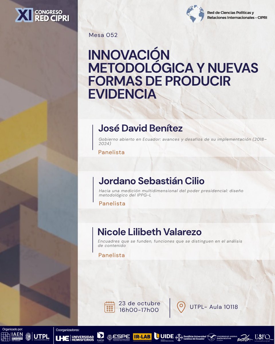 REDCIPRI's tweet photo. Segunda franja horaria en UTPL 🗓️‼️

No te pierdas de estas mesas y paneles que abarcan temáticas desde tecnología y poder, crimen organizado, género y populismo hasta innovaciones metodológicas 🙌🎙️ https://t.co/tR2I0lcbsx