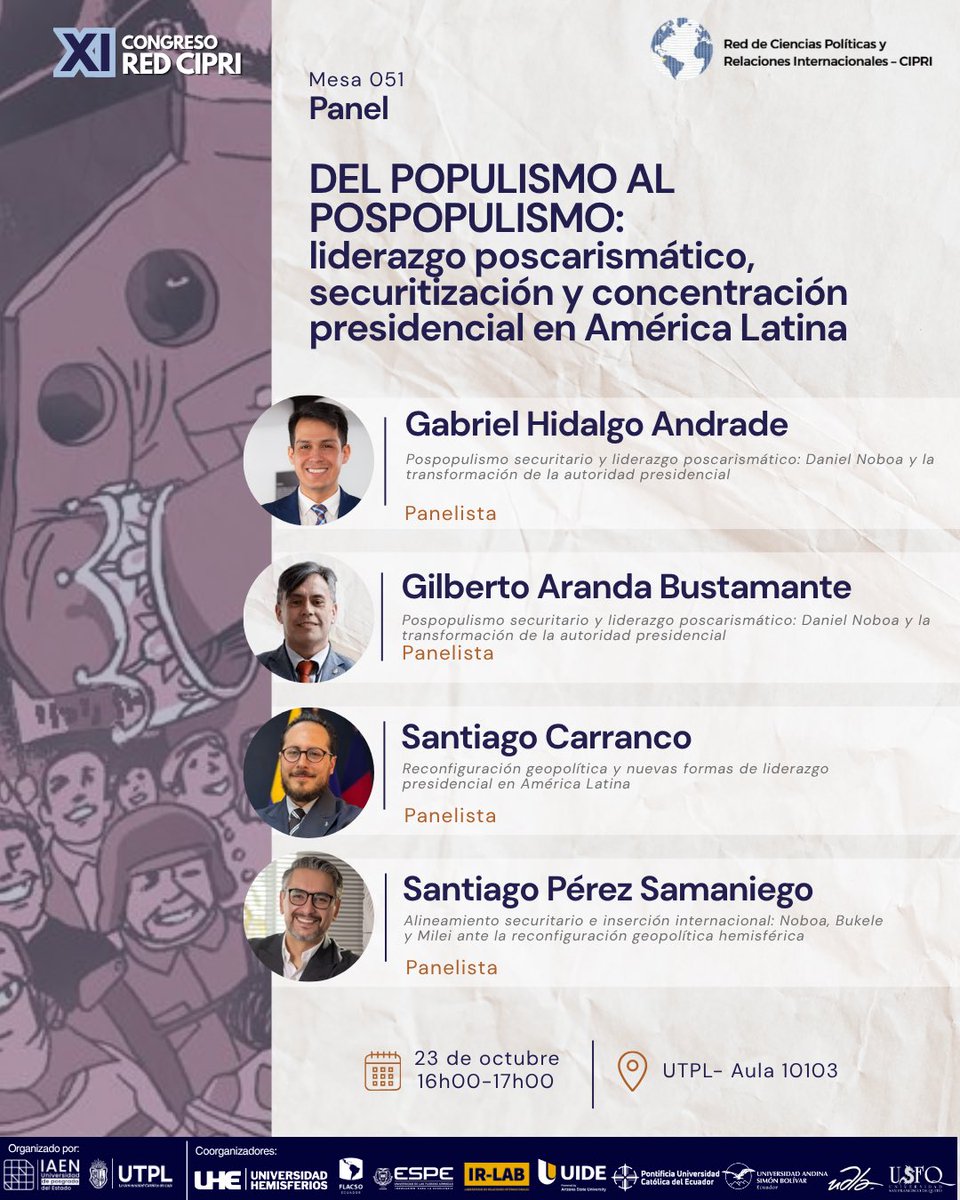 REDCIPRI's tweet photo. Segunda franja horaria en UTPL 🗓️‼️

No te pierdas de estas mesas y paneles que abarcan temáticas desde tecnología y poder, crimen organizado, género y populismo hasta innovaciones metodológicas 🙌🎙️ https://t.co/tR2I0lcbsx