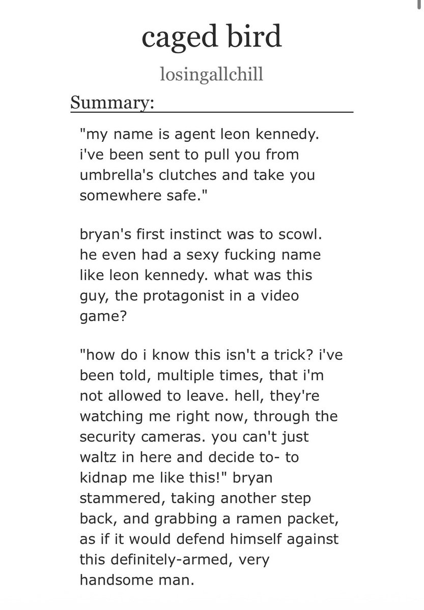 losingallchill's tweet photo. caged bird
-- bryan/leon , one shot , SMUT
--- 8.6k words , link in replies 
---- #bryeon , #leonkennedy , #bryanhodukavich https://t.co/uML8poSo1M