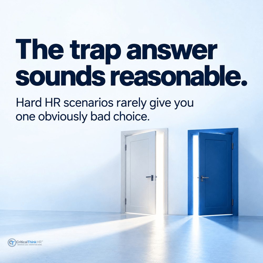 CriticalThinkHR's tweet photo. 1/4 When two HR answers both sound plausible, stop comparing the wording. Ask what decision the scenario actually requires. Urgency, emotion, and title pressure can make a secondary issue look like the main one. https://t.co/OXtQ7cA1G9
