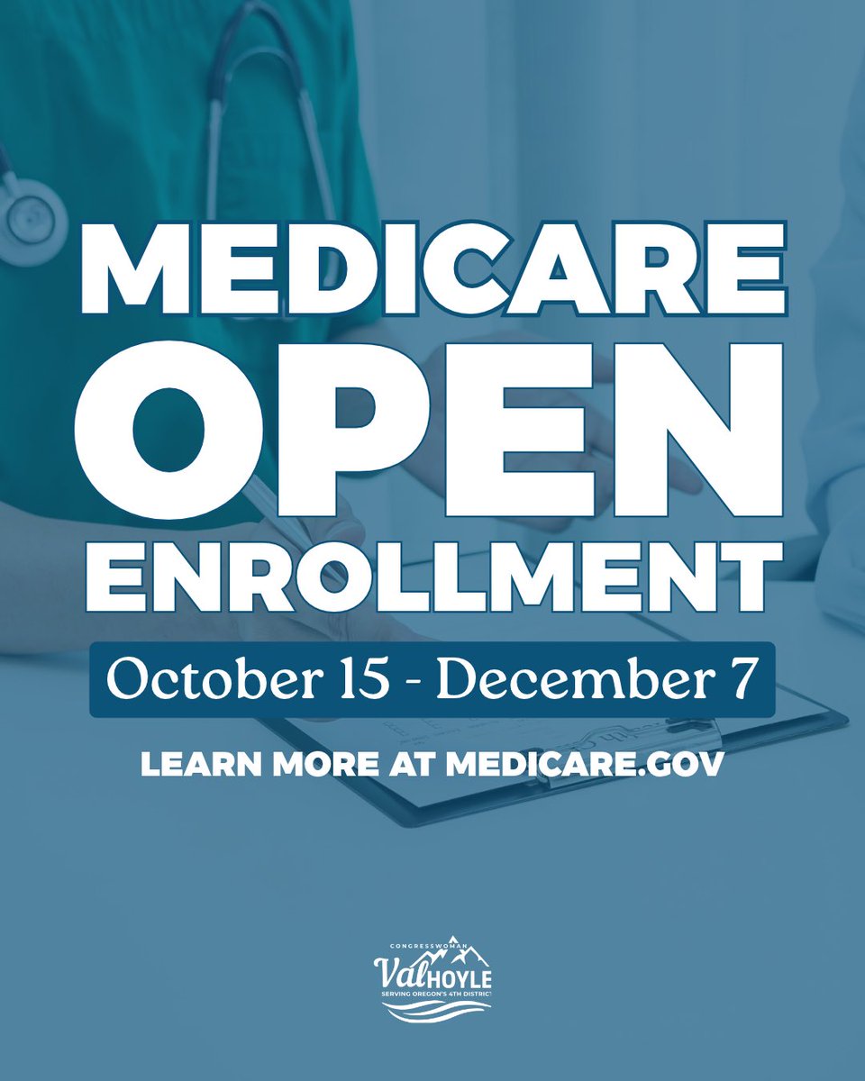 RepValHoyle's tweet photo. Medicare Open Enrollment is live! From October 15th to December 7th, seniors age 65 or older can enroll or make changes to their Medicare plan which will take effect on January 1st. Head to https://t.co/P60dzSuUpn to compare your options for health coverage and determine what meets your health and financial needs.