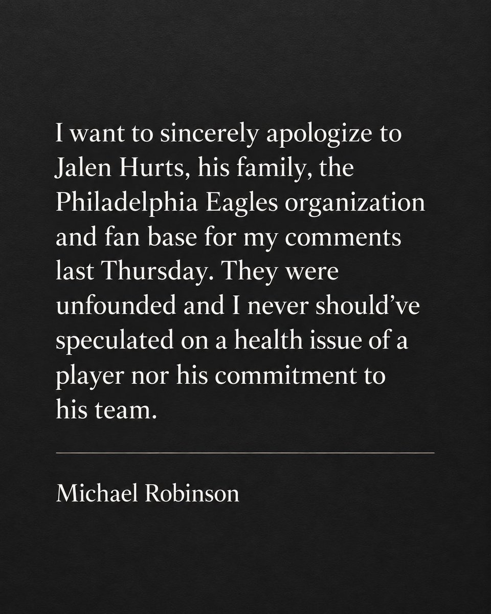 RealMikeRob's tweet photo. My official apology to @JalenHurts @Eagles and the entire fanbase. My comments were wrong. No excuse. https://t.co/fhHW2VFT39