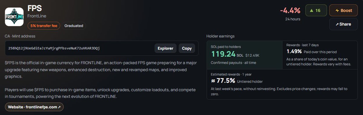ClashPadFun's tweet photo. Meet $FPS, the official in-game currency of FRONTLINE 🎮

https://t.co/JVXFaapJ2w

FRONTLINE is an action-packed FPS that just got a major upgrade: new weapons, enhanced destruction, new and revamped maps, and improved graphics.

What $FPS is for:
🔫 Buy in-game items
⚡ Unlock upgrades
🎯 Customize loadouts
🏆 Compete in tournaments

Graduated on ClashPad with 119.24 SOL already paid out to holders 💰

Lock and load 👇
https://t.co/JBFl7dN9I7