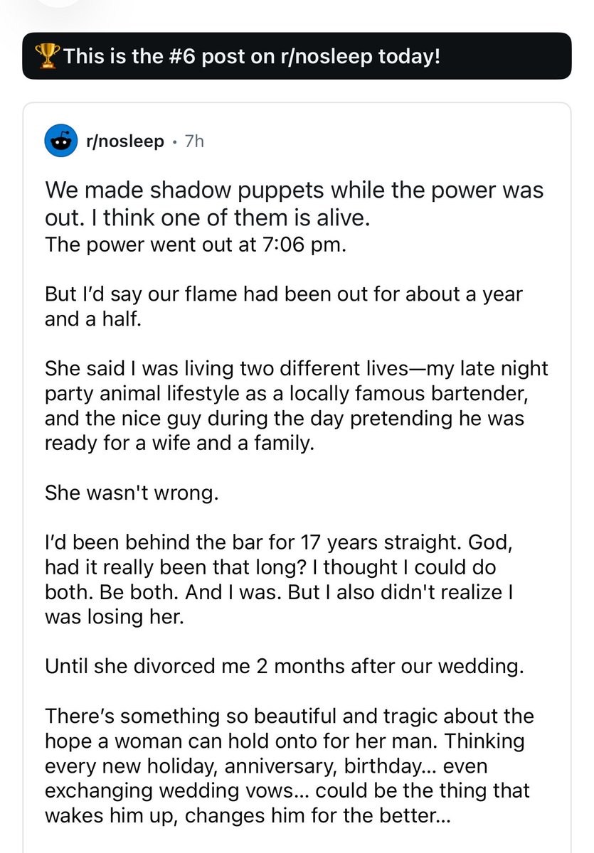 AshLazerWrites's tweet photo. I haven’t posted my own work in some time. Here’s a rad micro horror on r/nosleep. 

An innocent child’s game awakens a primordial monster as a broken family bands together to survive the night.

Just google “We made shadow puppets reddit” if interested. Smash that upvote arrow⚡️ https://t.co/HbFsIMFk5k
