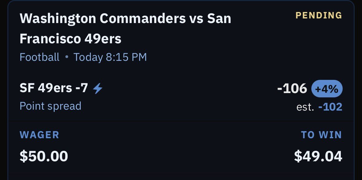 Bigogbets's tweet photo. 🏈 49ERS -7 (-102) 🔥🔒

SHOW SOME LOVE ❤️ IF YOU’RE CLIMBING WITH US! 📈💰

@Playbook #49ers #NFLPicks #SportsBetting https://t.co/8YVlrEuwKe