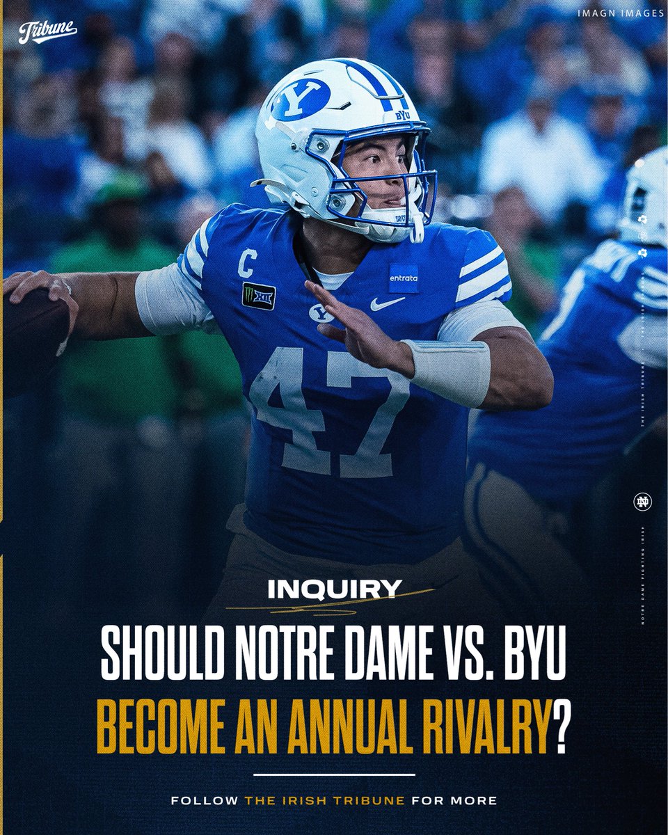 theirishtribune's tweet photo. Should Notre Dame vs. BYU become an annual rivalry?

BYU defeated Notre Dame 28-24 in an instant classic that was mired in controversy. Both fanbases have since clashed heavily online over the game.

The Irish lead the all-time series 7-3, with the Cougars scheduled to travel to South Bend next season.
