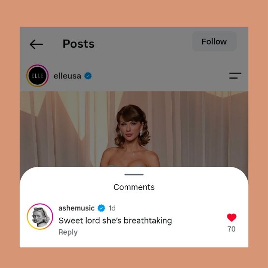 TaylorSwiftDept's tweet photo. 📲| Ashe compliments Taylor Swift in the comments of ELLE’s Instagram post from the 2026 Academy Museum Gala:

“Sweet lord, she’s breathtaking.” https://t.co/fiZfSYgSv4