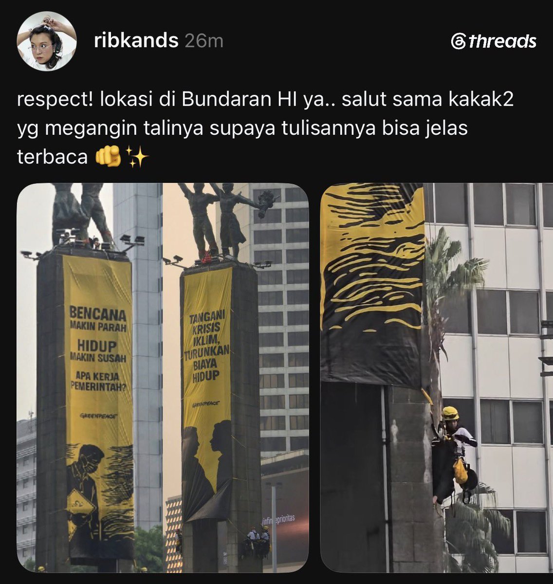 NarasiVisual's tweet photo. Ini keren banget sih. Membuat statement tanpa merusak.

Bundaran HI sendiri memang sejatinya bukan “milik” rakyat. 

Secara desain aja ia berdiri di tengah lajur kendaraan lebar. Dikepung kolam air mancur yang menciptakan jarak.

Idealnya untuk dipandang. Bukan untuk dinikmati langsung dari dekat, apalagi menyampaikan aspirasi.

Tapi pada akhirnya ruang kota gak sekadar ditentukan oleh gagasan para pejabat ataupun perencana.

Ia direbut lewat pemakaian. Oleh siapa?
Ya oleh kita-kita yang hidup di dalamnya. ✊