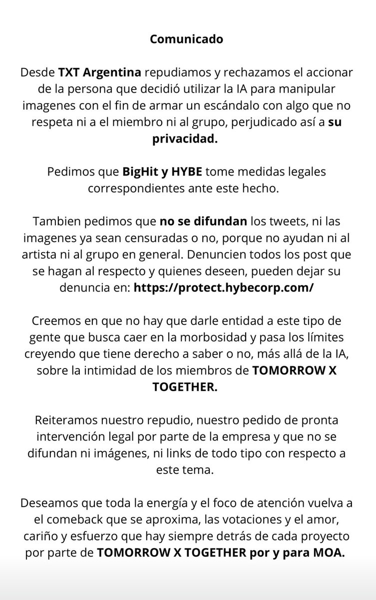 TXT_ARG's tweet photo. 🚨 MOA 🚨

NECESITAMOS QUE REALICEN LAS DENUNCIAS CORRESPONDIENTES A HYBE
LES DEJAMOS EL LINK Y LAS CASILLAS QUE SE MARCAN.

NO INTERACTUEN CON ESAS PUBLICACIONES, DENUNCIEN.

https://t.co/Xphj6nUFC2 https://t.co/Svs1FvZyiN