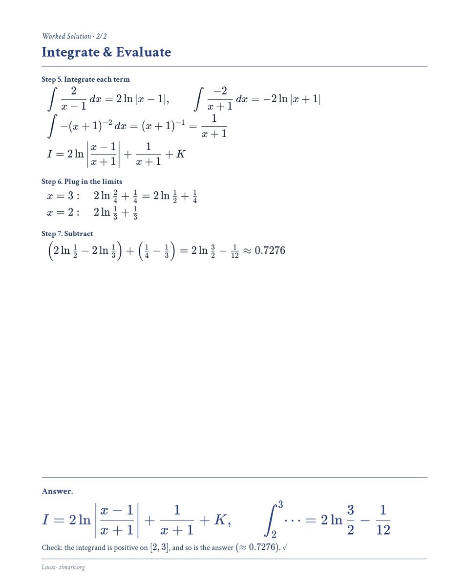 tutorhublucas's tweet photo. Calc II · Partial Fractions

Integrate (3x+5)/((x−1)(x+1)²), then evaluate from 2 to 3. Get 2ln(3/2) − 1/12?
Swipe for steps

Stuck? Ask a free human tutor &amp; study together on Discord:
https://t.co/DRMxsV2mGk
Lucas: https://t.co/qjYLJ04V9H
#Calculus #CollegeMath https://t.co/G7PI1khmPH