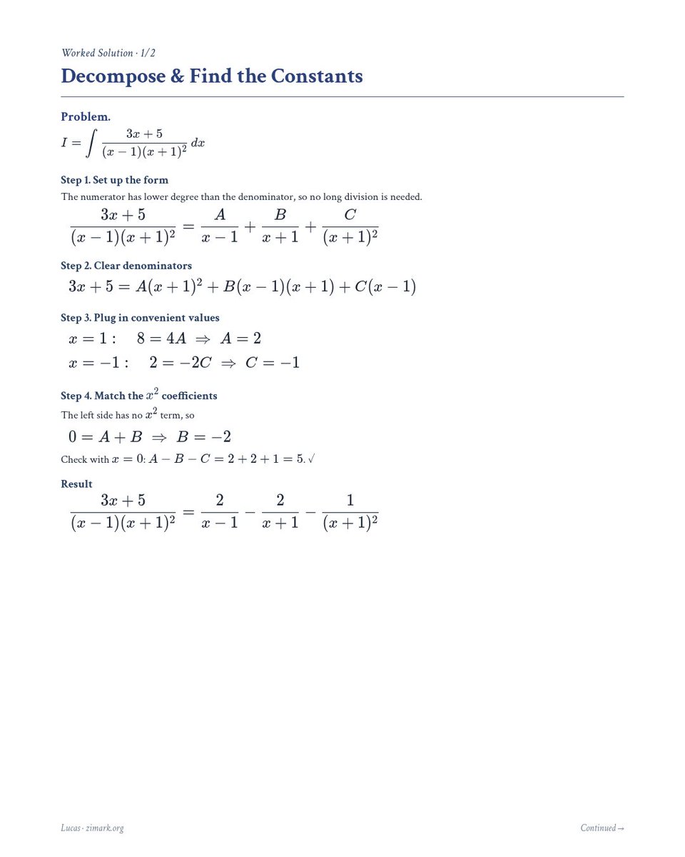 tutorhublucas's tweet photo. Calc II · Partial Fractions

Integrate (3x+5)/((x−1)(x+1)²), then evaluate from 2 to 3. Get 2ln(3/2) − 1/12?
Swipe for steps

Stuck? Ask a free human tutor &amp; study together on Discord:
https://t.co/DRMxsV2mGk
Lucas: https://t.co/qjYLJ04V9H
#Calculus #CollegeMath https://t.co/G7PI1khmPH