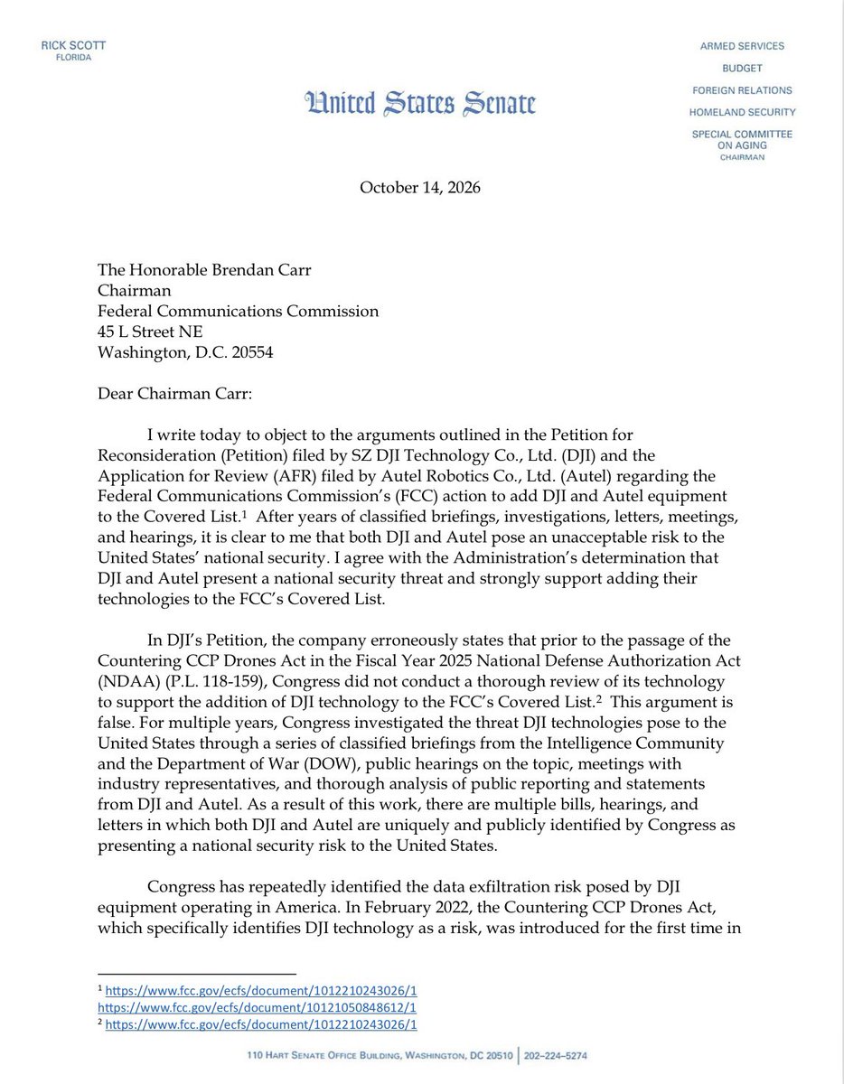 SenRickScott's tweet photo. Communist China-linked companies like DJI and Autel present unacceptable national security risks to our country, and the CCP is using them to undercut American drone manufacturers. We can’t let that happen! 

I worked for years to get them on the FCC's covered list. They must stay there, which is why I shared years of Congressional oversight and the threats these companies pose to @BrendanCarrFCC ⬇️
