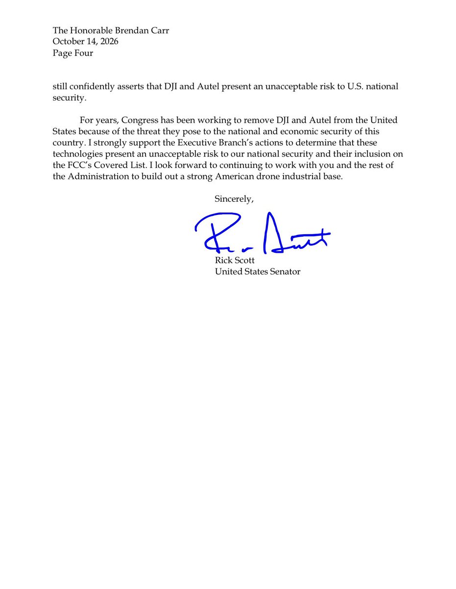 SenRickScott's tweet photo. Communist China-linked companies like DJI and Autel present unacceptable national security risks to our country, and the CCP is using them to undercut American drone manufacturers. We can’t let that happen! 

I worked for years to get them on the FCC's covered list. They must stay there, which is why I shared years of Congressional oversight and the threats these companies pose to @BrendanCarrFCC ⬇️