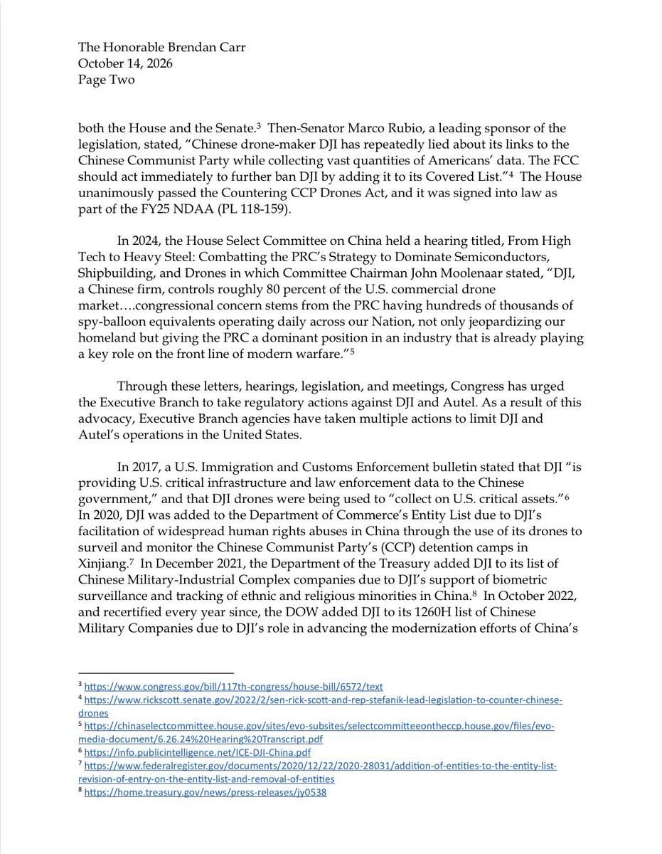 SenRickScott's tweet photo. Communist China-linked companies like DJI and Autel present unacceptable national security risks to our country, and the CCP is using them to undercut American drone manufacturers. We can’t let that happen! 

I worked for years to get them on the FCC's covered list. They must stay there, which is why I shared years of Congressional oversight and the threats these companies pose to @BrendanCarrFCC ⬇️