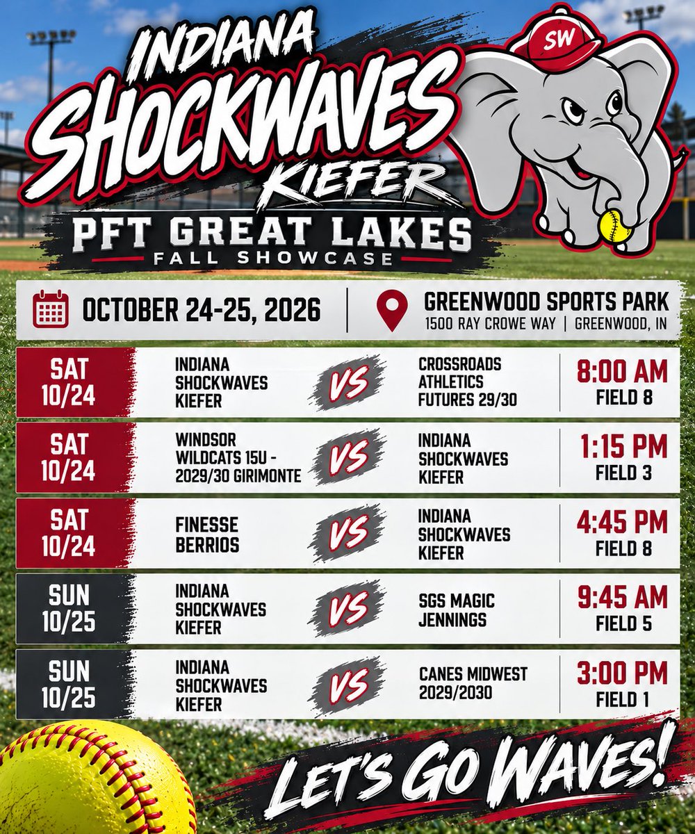 SW_Kiefer's tweet photo. 🥎🐘 Showcase weekend is here! Indiana Shockwaves Kiefer is hitting the turf Oct. 24–25!

📍 Greenwood Sports Park

Come cheer us on or watch LIVE on GameChanger! ❤️🖤

📲 https://t.co/T6ogS9dnMY https://t.co/IsbBVgm6es