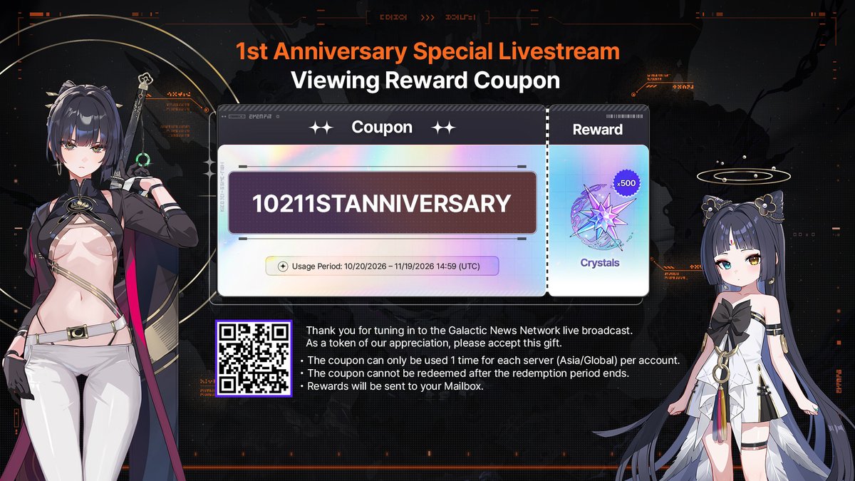 CZN_Official_EN's tweet photo. ◤1st Anniversary Special Livestream Viewer Reward Coupon Revealed◢

Thank you for joining the #ChaosZeroNightmare
1st Anniversary Special Livestream! 💜

We’ve prepared a special present to thank you for your support, Protos!
Redeem the coupon now and receive 500 Crystals! ✨

🎟️Coupon Code: 10211STANNIVERSARY
🎁Reward: Crystal x500
📎How to Redeem the Coupon ➡️https://t.co/LzUNTFQrux

#CZN