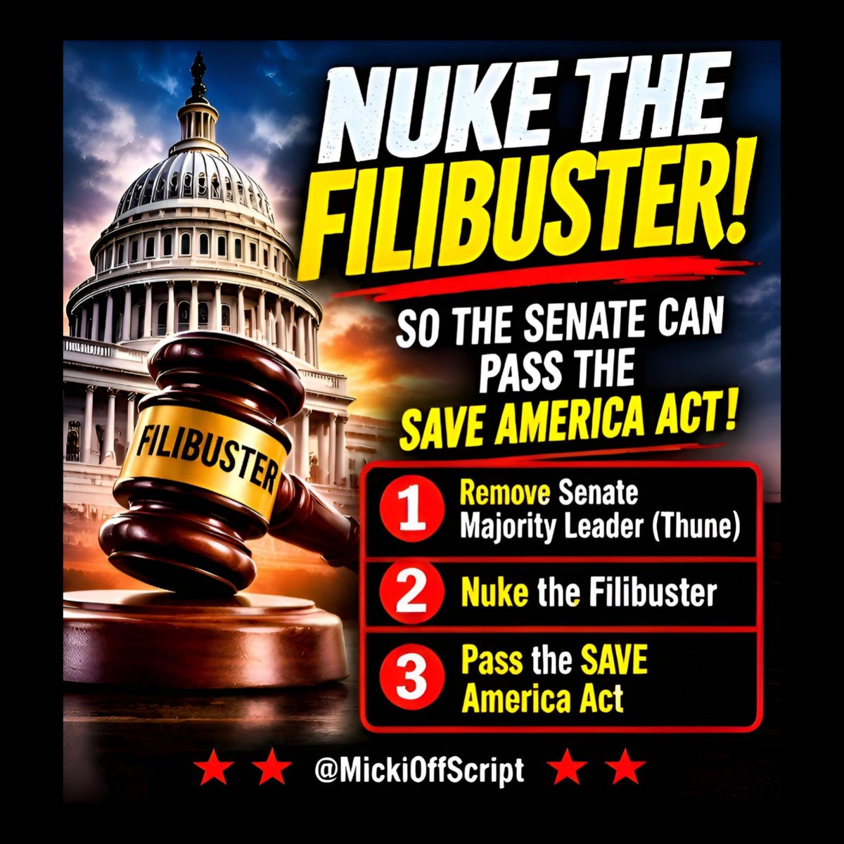 MickioffScript's tweet photo. 🔴 WHERE DO SENATORS STAND?

Which senators have publicly supported changing the legislative filibuster?

Which support retaining the 60-vote threshold?

Will any Republican Senators represent the voters who elected them instead of protecting John Thune?

And which have changed their positions over time?

Past statements, current positions, and actual votes tell different parts of the story.

Leadership decisions and senators' individual votes both deserve scrutiny.
