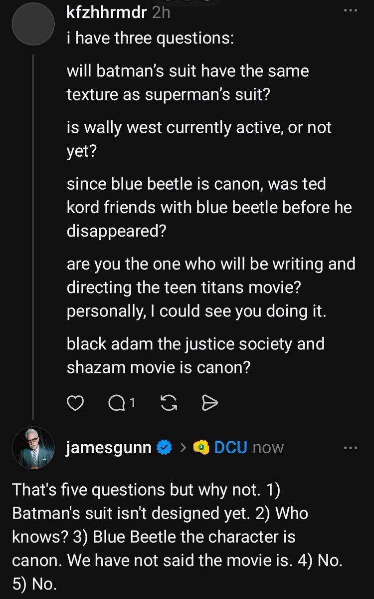 SuperSagaNews's tweet photo. James Gunn answers five DCU questions

• Batman's suit hasn't been designed yet
• Unsure if Wally West is currently active
• Blue Beetle, the character specifically, is canon
• He will not write or direct 'Teen Titans'
• Shazam and Black Adam are not canon https://t.co/unovdGm6A1