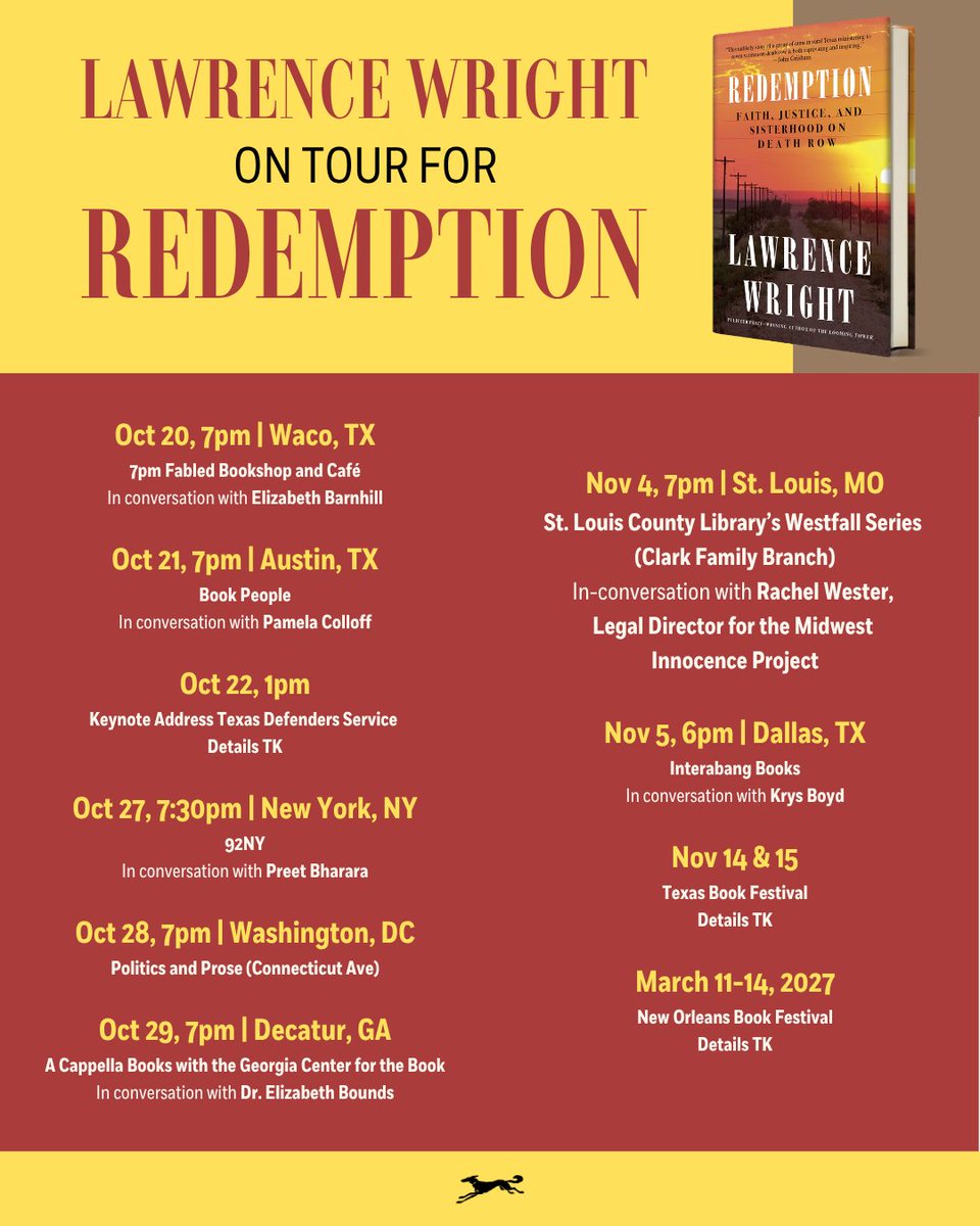 lawrence_wright's tweet photo. Pub day tomorrow. This book is dear to me. I hope it will find readers to support it. If you're on one of the towns on this tour card, come down and say hello. https://t.co/3bO2iRWcuU