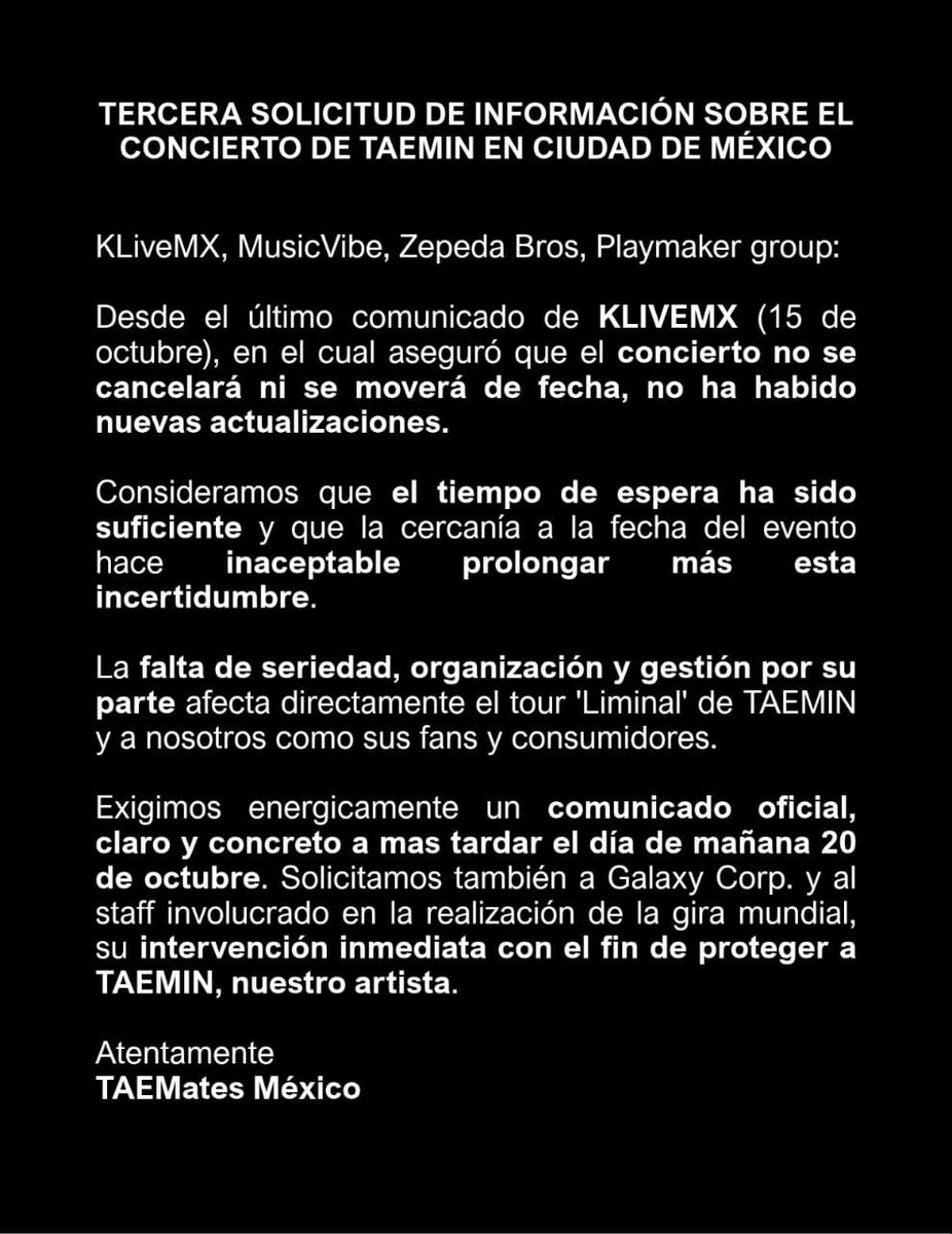 Paho_Lee's tweet photo. La espera que debería ar llena de emoción e ilusión se convirtió en incertidumbre y preocupación.
El tiempo corre y esperamos tener información pronto 

@ZepedaBros 
@Tixr_
@AtencionProfeco
@Profeco

#NeedAnswersNow_Liminal_CDMX
#RespectTAEMates
#Claridad_Liminal_TAEMIN_CDMX https://t.co/TiPqS7IXwm