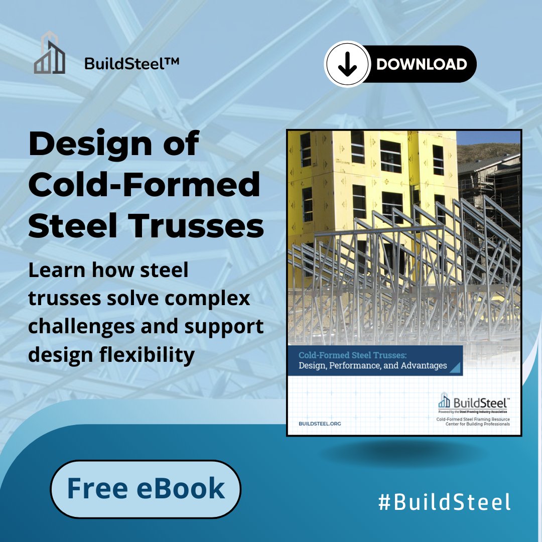 buildsteelorg's tweet photo. In this BuildSteel eBook, learn how cold-formed steel trusses solve complex challenges and support design flexibility to meet your project goals. Download https://t.co/J8MNOJLBuL
#BuildSteel #CFSteel #SteelFraming #Construction #Trusses #BuildingDesign #SteelDesign https://t.co/NLth3V69R8