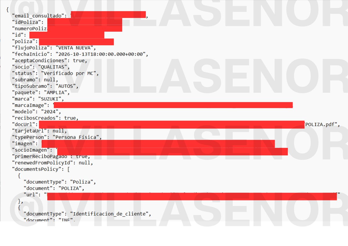ivillasenor's tweet photo. 🚨 | HACKER EXIGE UN MILLÓN DE PESOS PARA NO VENDER DATOS DE ASEGURADOS POR GNP, QUÁLITAS Y MUCHAS MÁS

El mismo ciberdelincuente que puso a la venta la base de datos de Aeroméxico —filtración que la aerolínea reconoció en septiembre— apunta ahora contra un comparador de seguros mexicano, y amenaza con exhibir los expedientes de CIENTOS DE MILES DE clientes si la empresa no le paga un millón de pesos (extorsión).

La víctima es Ahorra Seguros, el intermediario que coloca pólizas de GNP, Quálitas, AXA, Banorte, HDI, Atlas y más de una docena de aseguradoras. El vendedor —que opera bajo el alias “Eternal”— ofrece los expedientes por 50 mil pesos y, en paralelo, exige a la empresa un rescate de siete cifras para no publicarlos.

Pero el hallazgo más grave no es la amenaza. Es que no hizo falta hackear nada.

Al revisar la muestra que publicó Eternal se puede ver que la identificación oficial de un cliente —su INE completa, por ambos lados— se abre con un simple enlace: sin usuario, sin contraseña, sin ninguna barrera. Y el esquema se repite: cambiando un identificador en la liga, se llega al expediente de otra persona.

La exposición es en tiempo real. Una póliza contratada a las 11 de la mañana tenía sus documentos extraídos esa misma tarde. Mientras esto no se cierre, cada seguro nuevo se filtra el día que se vende.

Cada expediente es un kit completo de ROBO DE IDENTIDAD: INE, comprobante de domicilio, constancia fiscal del SAT, factura y tarjeta de circulación del auto. Suficiente para pedir créditos a nombre de la víctima, clonar su vehículo o montar una llamada de fraude que suena verdadera porque cita su número de póliza real.