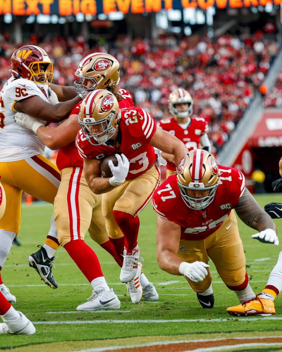 Stake's tweet photo. ONE LEG DOWN, FOUR TO GO! 
Someone has over $21K riding on a 5 leg multi for 49ers vs Commanders, with a potential $255K payout on Stake! 🏈 https://t.co/eDNwWi6vAV