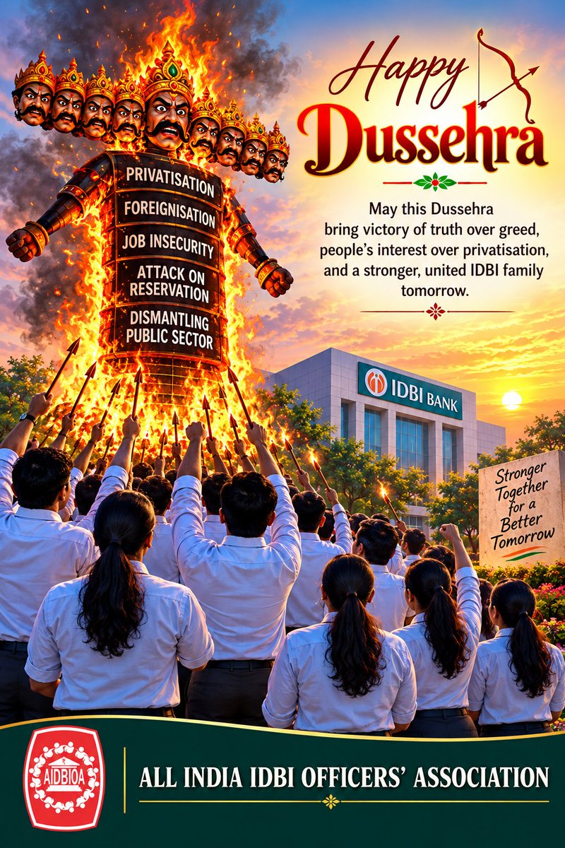 saveidbibank64's tweet photo. Post No.247 #HappyDussehra
WE, THE EMPLOYEES OF IDBI BANK, OPPOSE PRIVATISATION!
IDBI Bank is not just a financial institution,it is our livelihood, our professional identity, and a legacy built through decades of dedicated service #GOBACKFAIRFAX https://t.co/4Tmb0R1ykw