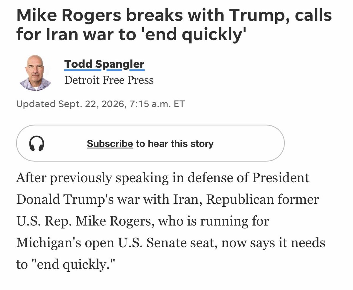 admcrlsn's tweet photo. 1) Mike Rogers supported both the tariffs and the Iran War less than one month ago (I wonder what changed)

2) He supported data center expansion less than two months ago (I wonder what changed)

3) Respecting state-certified election results doesn’t make you a moderate, it is literally the bare minimum for operating in a democracy. Not wanting autocracy doesn’t make you a moderate, we are not moving those goalposts no matter who the president is.

So essentially your argument is that he’s a moderate because he opposes a national abortion ban, even though he voted many times to restrict abortion access when he was serving in Congress?

Do you wanna maybe try that again?