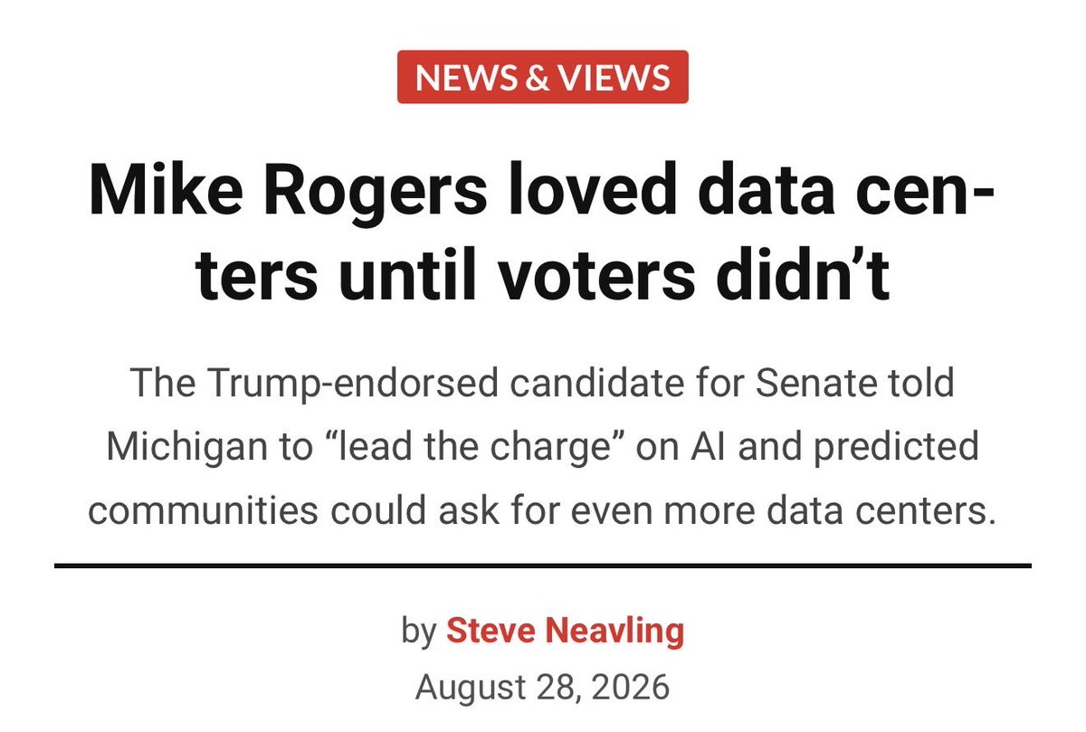 admcrlsn's tweet photo. 1) Mike Rogers supported both the tariffs and the Iran War less than one month ago (I wonder what changed)

2) He supported data center expansion less than two months ago (I wonder what changed)

3) Respecting state-certified election results doesn’t make you a moderate, it is literally the bare minimum for operating in a democracy. Not wanting autocracy doesn’t make you a moderate, we are not moving those goalposts no matter who the president is.

So essentially your argument is that he’s a moderate because he opposes a national abortion ban, even though he voted many times to restrict abortion access when he was serving in Congress?

Do you wanna maybe try that again?