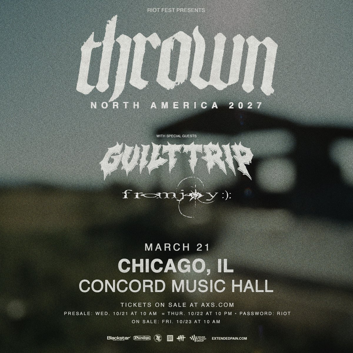 RiotFest's tweet photo. JUST ANNOUNCED! 👊🏼
@extendedpain: UNWANTED NORTH AMERICA TOUR 2027 with @GuiltTripMCR and @fromjoy_ on March 21 at @ConcordHall. Riot presale on Wednesday, October 21 at 10AM (password: RIOT) -> https://t.co/8BJG8yfMq4 https://t.co/reKqby4Iao