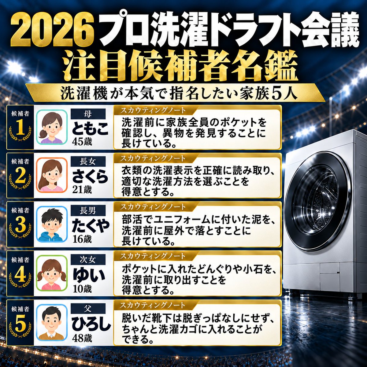 ec_current's tweet photo. 本日はプロ野球ドラフト会議！

もし洗濯機が家族の中からドラフト指名するなら、
きっとこんな感じになるんだろうな。

今年もなかなかの逸材ぞろいです。
#ドラフト会議2026 https://t.co/cut6oMAKen