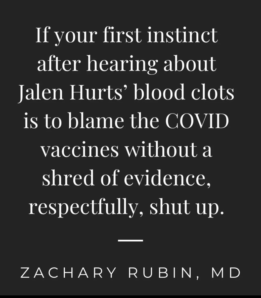 Fynnderella1's tweet photo. Let me offer counterpoint to @rubin_allergy 
If your first instinct after hearing about Jalen Hurts DVTs bilaterally in lungs ISN’T to blame the COVID shots, you are a dangerous excuse for a clinician. https://t.co/2s8V10hgCd
