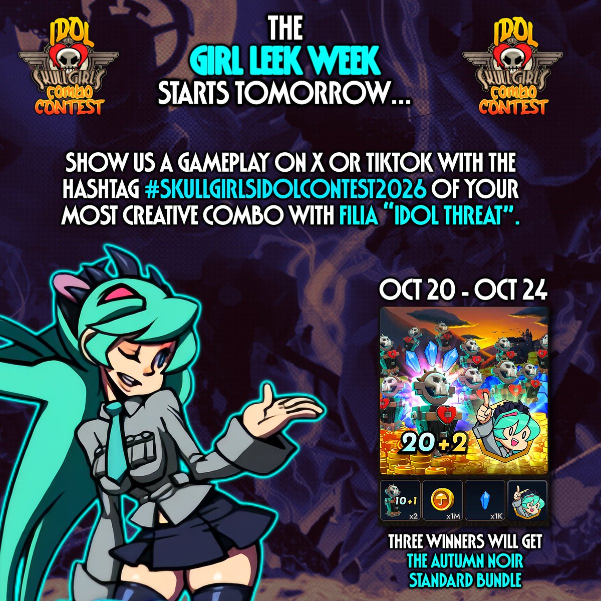 sgmobile's tweet photo. The community run Idol Combo Contest has closed the first leg of the contest!

Congratulations to the winners of the first round:
🥇 1st place: @de_png 
🥈 2nd place: @nestorpvz40929 
🥉 3rd place: @elcerotito1.4

The "Girl Leek Week" starts tomorrow so be sure to upload your clips and use #skullgirlsidolcontest2026 to check out the previous winners and enter to win these awesome prizes.

Let's see what kind of combos you can show off with Idol Threat Filia!