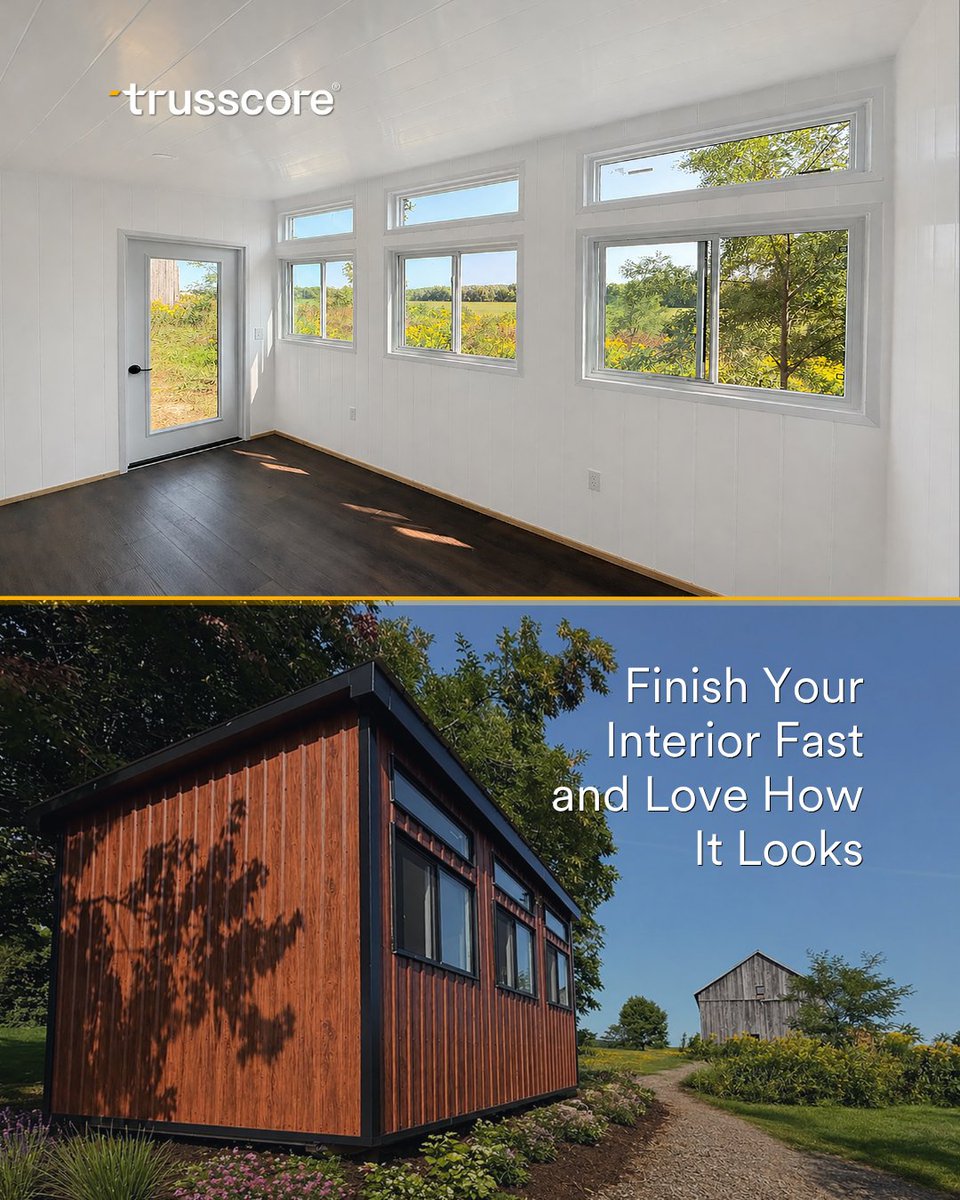 trusscore's tweet photo. Small spaces can do a lot when they’re finished right. This tiny shed is now a bright living space with Trusscore Wall&amp;CeilingBoard on the walls and ceiling. 🛠️ Fast to install, water-resistant, and easy to wipe down: https://t.co/n07E2fXfah https://t.co/zT7sweSu1d