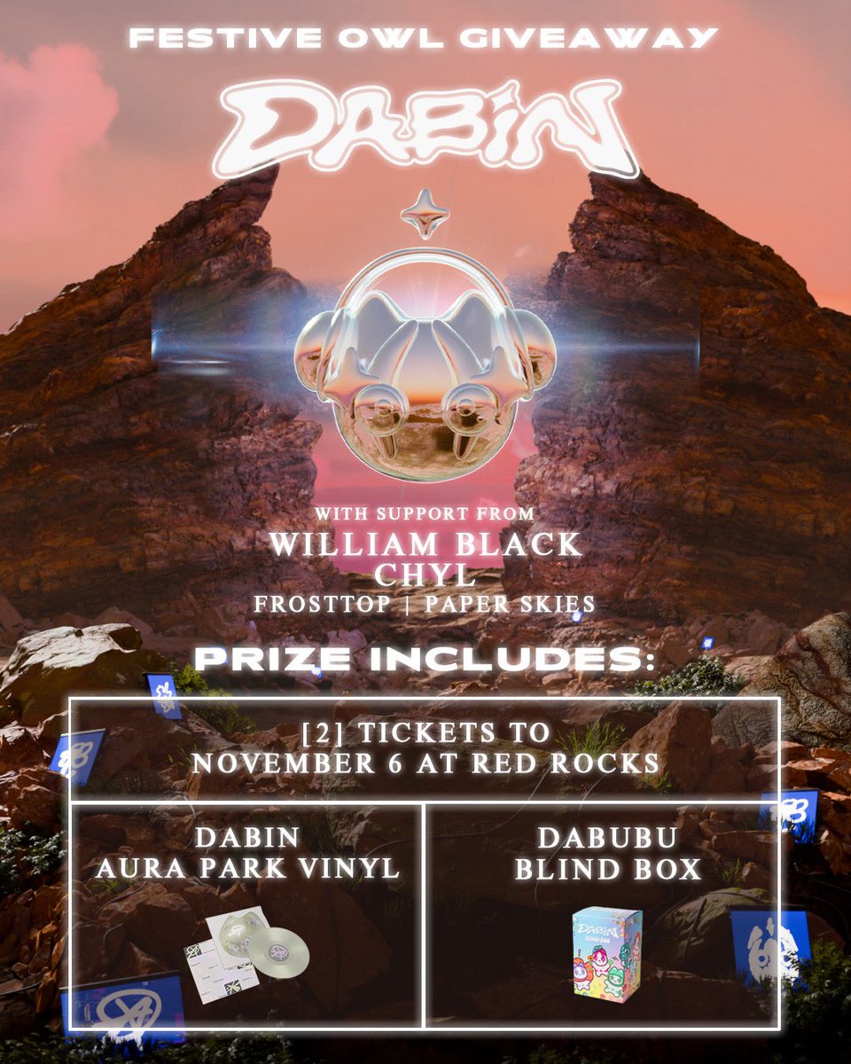 TheFestiveOwl's tweet photo. Dabin heads to Red Rocks on November 6 w/ William Black, Chyl + more, and I’ve got your chance to catch one more show before the Red Rocks season comes to a close.

Enter now for your chance to win [2] tickets to the show on 11/6 + an Aura Park vinyl and a Dabubu Blind Box collectible. 🦉👉 https://t.co/l2Yyxwytz2