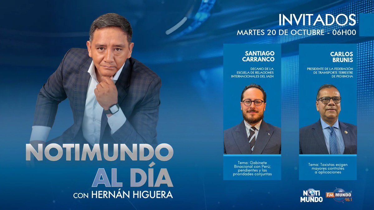 notimundoec's tweet photo. @higuerahernan te mantiene bien informado al iniciar la jornada, en #NotiMundoAlDía. 

🎙️ @SCarrancoP 
🎙️ @CarlosBrunis_ 

📻 98.1 FM #Quito

Míranos por YouTube 📲 #FmMundoLive

🌐 https://t.co/4SvQFpbh8S https://t.co/kcxc3u8LCr