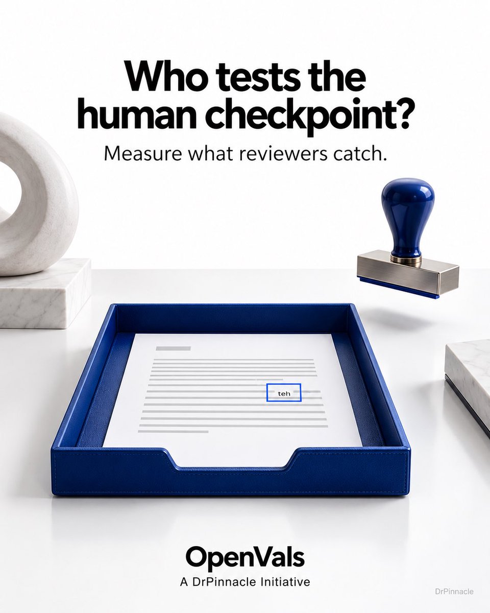 Vishakuthota's tweet photo. I want evidence that human review catches AI errors before I count it as a control. OpenVals — A DrPinnacle Initiative. #AIValidation #AITrust #AIAssurance #EnterpriseAI #OpenVals https://t.co/03JoDqFIHo
