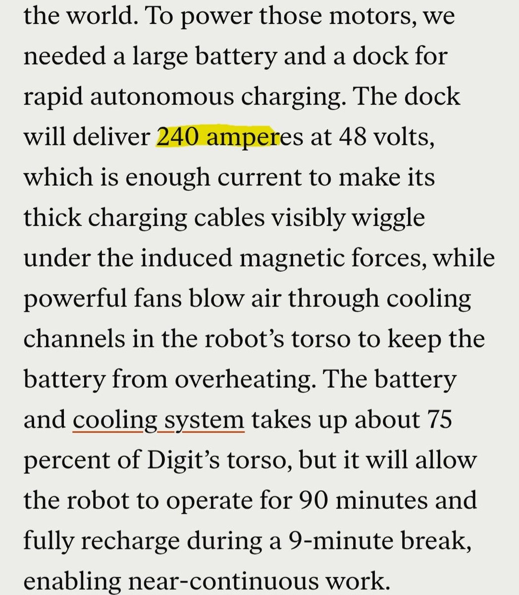 GoingBallistic5's tweet photo. Called it, mostly. 👇

A couple weeks back I guessed Digit's fast charge at ~208 A and a ~1.5 kWh pack, and thought even that was aggressive.

Agility now confirms: 48 V, 240 A, Nyobolt niobium cells, ~9 min top-off for 90 min of work.

That's ~11.5 kW in, ~1.7 kWh per charge. Allow for losses and an 80–90% usable window and the pack lands around 2 kWh or roughly 18 to 26 kg.

The cost is heat, with 300 to 600 W going into the torso on every charge, that’s about a blow dryer on low, hence all the fans. Not far off. And yes, the cooling is as serious as I expected.

With 90 minutes of usable battery it consumes 1.1 kW on average.