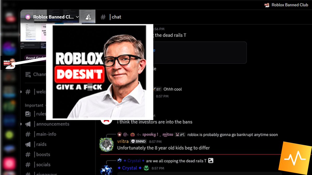 bloxpulse's tweet photo. NEW: A Discord server that was reportedly established to help individuals falsely banned from Roblox get unbanned from the platform has changed their server's logo to an image that reads "Roblox Doesn't Give a F***".

It is unknown how many of the members were falsely banned. https://t.co/HvJV8hZWW6