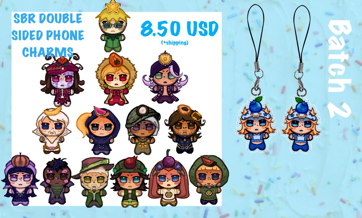 MilkBucketz's tweet photo. Batch two of the fruit phone charms!! 

↓
https://t.co/Nf5A8ZGm1l
#sbr #steelballrun https://t.co/a9UKkozkPA