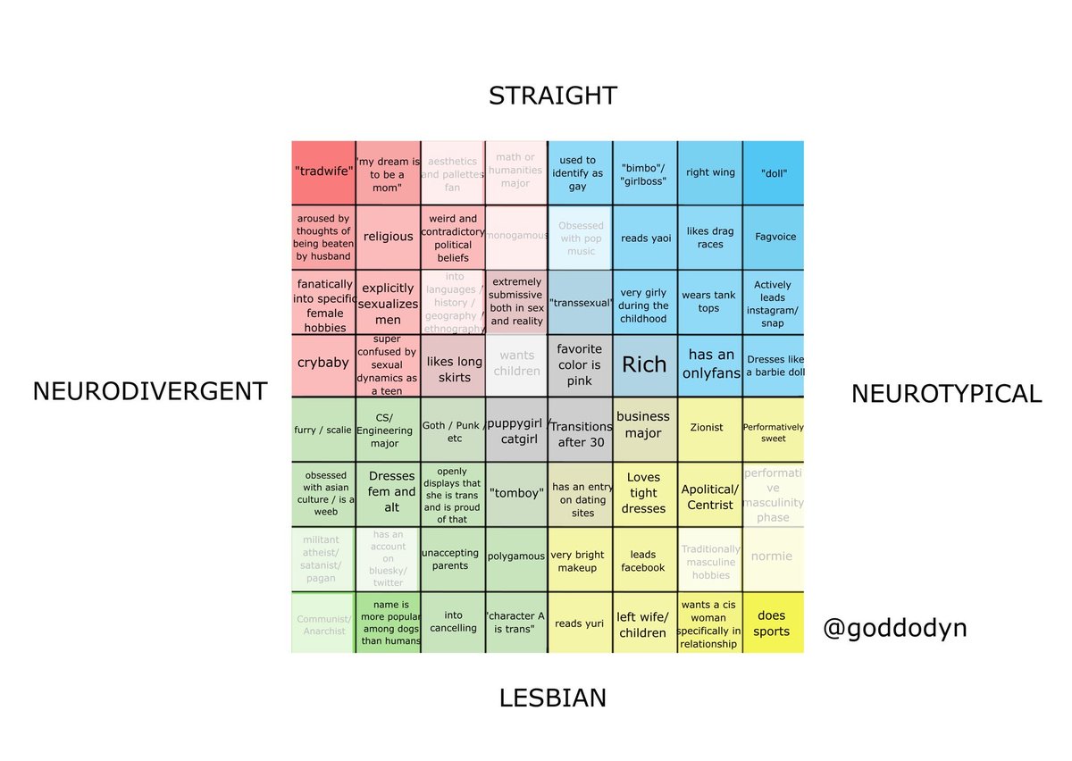 miguelzin1999's tweet photo. acho q fui meio presidente da wokelandia agr. vi um post de um grafico de quadrantes para identificação/aproximação com diferentes questões que permeiam as vivências femininas (straight/lesbian; neurotypical/neurodivergent). fui fazer e achei meio transfóbico e esquisito https://t.co/axdZZk0zT7