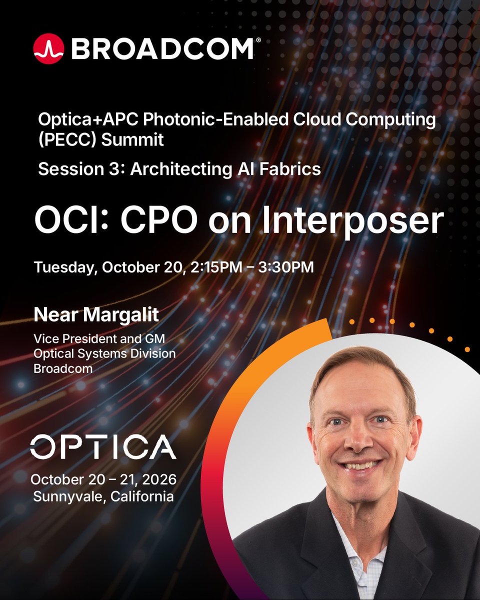 Broadcom's tweet photo. How do we architect connectivity for massive AI factories?

Join @Broadcom’s Near Margalit tomorrow, Oct. 20, for "Session 3: Architecting AI Fabrics" covering optical I/O, Ethernet, and advanced interconnects.

Details &amp; agenda: https://t.co/dE0la9wZFO https://t.co/GtpTkduyj3