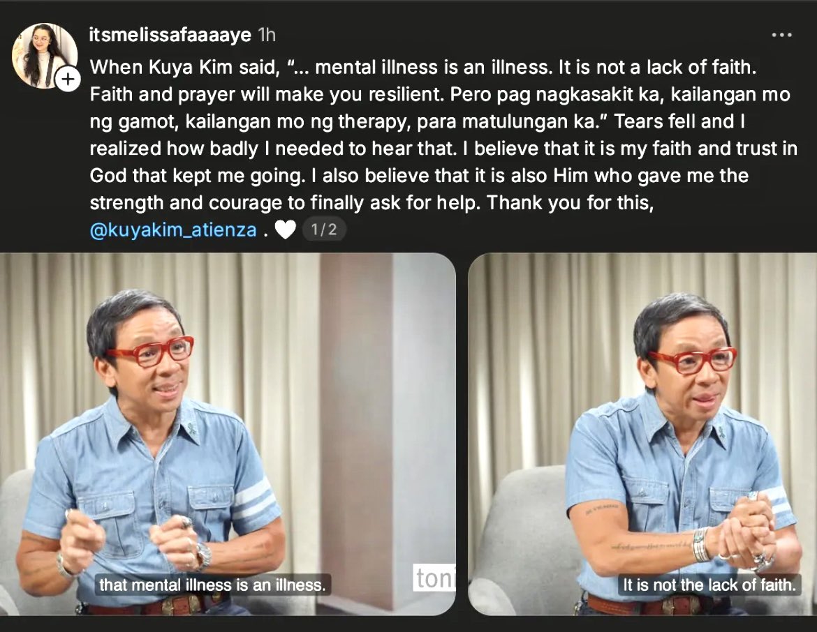 rphjude's tweet photo. Just because someone is struggling mentally or physically doesn’t mean they lack faith. Faith doesn’t make us immune to suffering, and seeking professional help doesn’t make our faith any weaker. Well said, Kuya Kim! https://t.co/Hy8e5vH0wx